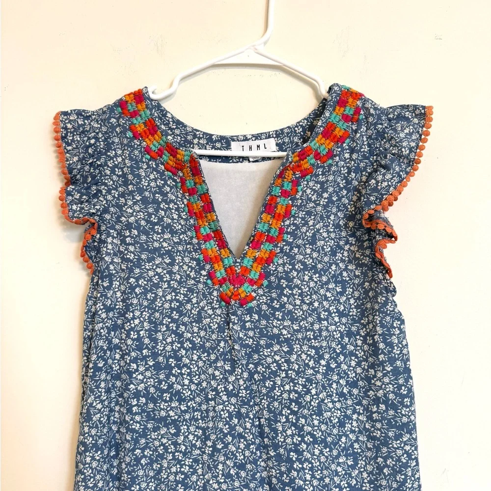THML Blue Floral Boho Dress Small Embroidered V Neck Flutter Sleeve Ruffle Hem - Picture 3 of 7